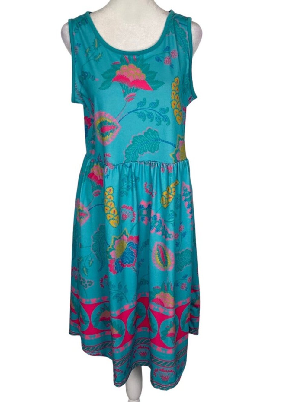 IZURIA Women Sleeveless Empire Waist Dress‎ Sz L Turquoise Fuchsia Summer 66-7